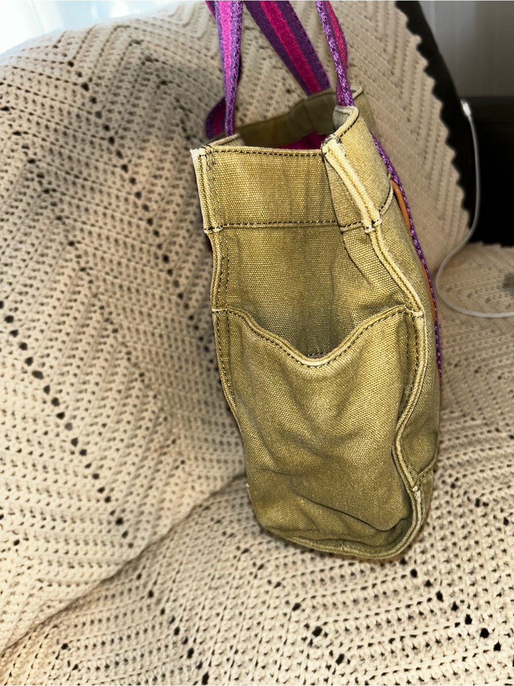 Tory Burch Olive Canvas Tote with Pink & Purple Stripe Handles - Picture 4 of 10